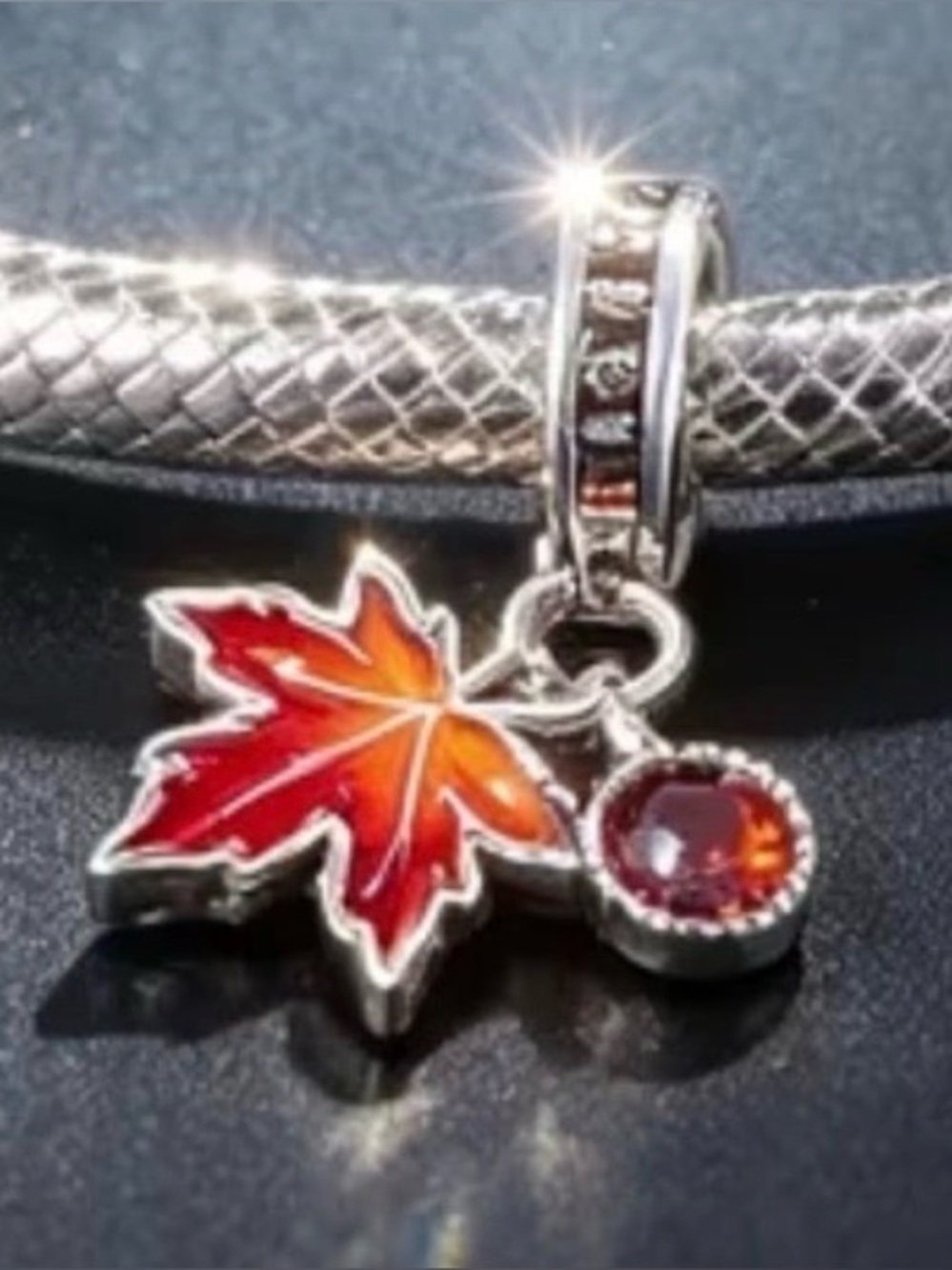 Fall Maple Leaf Charm Pendant with Red-Orange CZ S925 ale